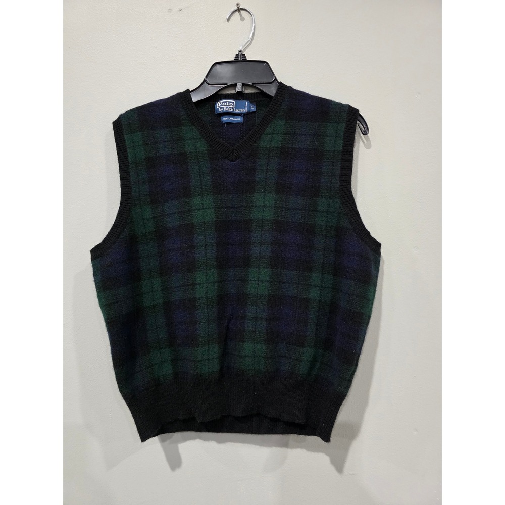 Vintage Polo Ralph Lauren Mens Plaid Lambswool V-Neck Sweater Vest Large L